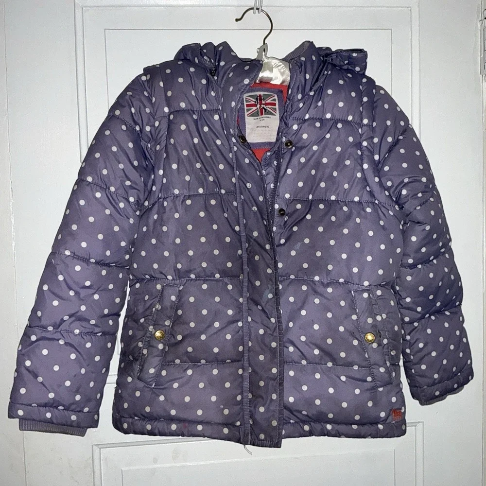 Mini Boden Polka Dot Coat Hood Size 9-10 Purple Winter Puffer